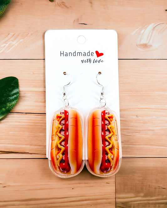 Hot dog acrylic earrings, funky weird earrings, quirky earrings, cool funny earrings, gift for her, birthday gift,  Christmas stocking stuffer