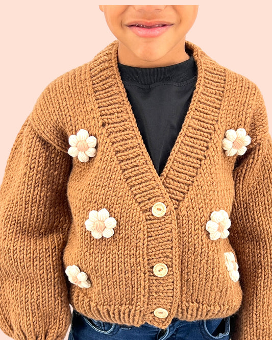 Kids Cardigan Sweater Daisy flowers unisex neutral  colors handmade knitted artisan kids clothes