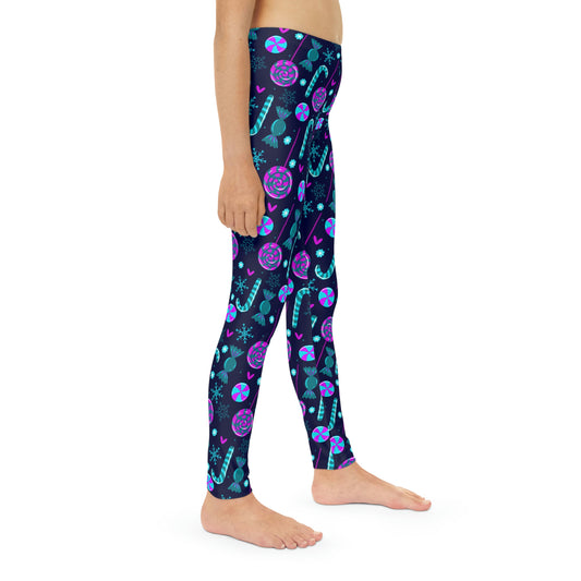 Candy Cane Youth Leggings,  One of a Kind Gift - Unique Workout Activewear tights for  kids Fitness , Daughter, Niece  Christmas Gift