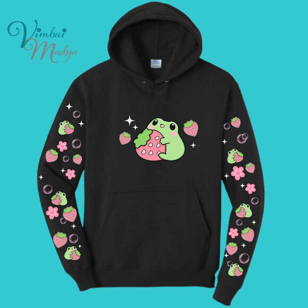 Strawberry Kawaii Frog  Sweater Hoodie  : Perfect Mother's Day Gift & Fall Winter Essential  .  Trendy, Unisex Style for Your Best Friend's Wardrobe