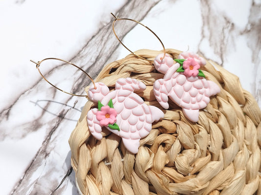 Sakura  Turtle polymer clay earrings, japanese kawaii earrings, fun funky weird handmade cottagecore, cute anime, novelty quirky unique earrings