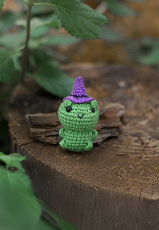 Frog Witch Halloween  Crochet Miniature Doll . Perfect Sensory Fidget Toy . Car and Office Desk Decor . Pocket Hug, Cute and Stocking Stuffer
