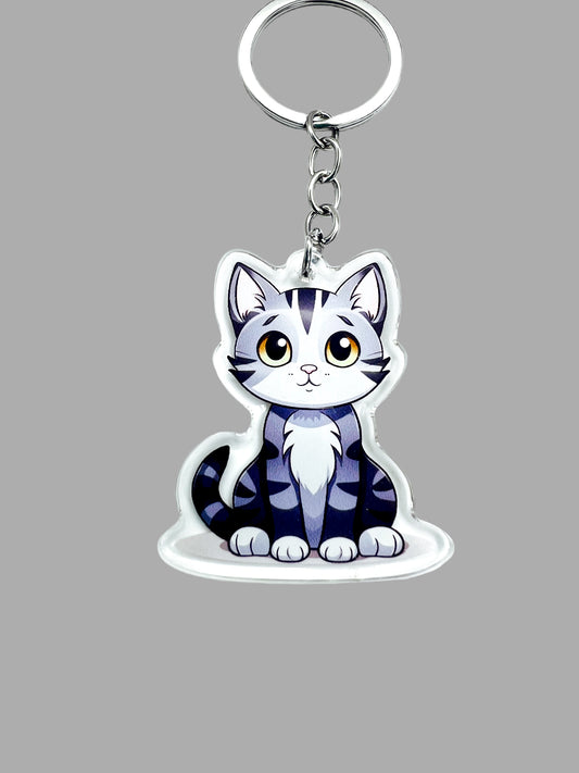 Tabby black white cat kawaii Acrylic Keychain, Cute kawaii memorial ornament, pet portrait charm, backpack fob, dad car décor, stocking stuffer
