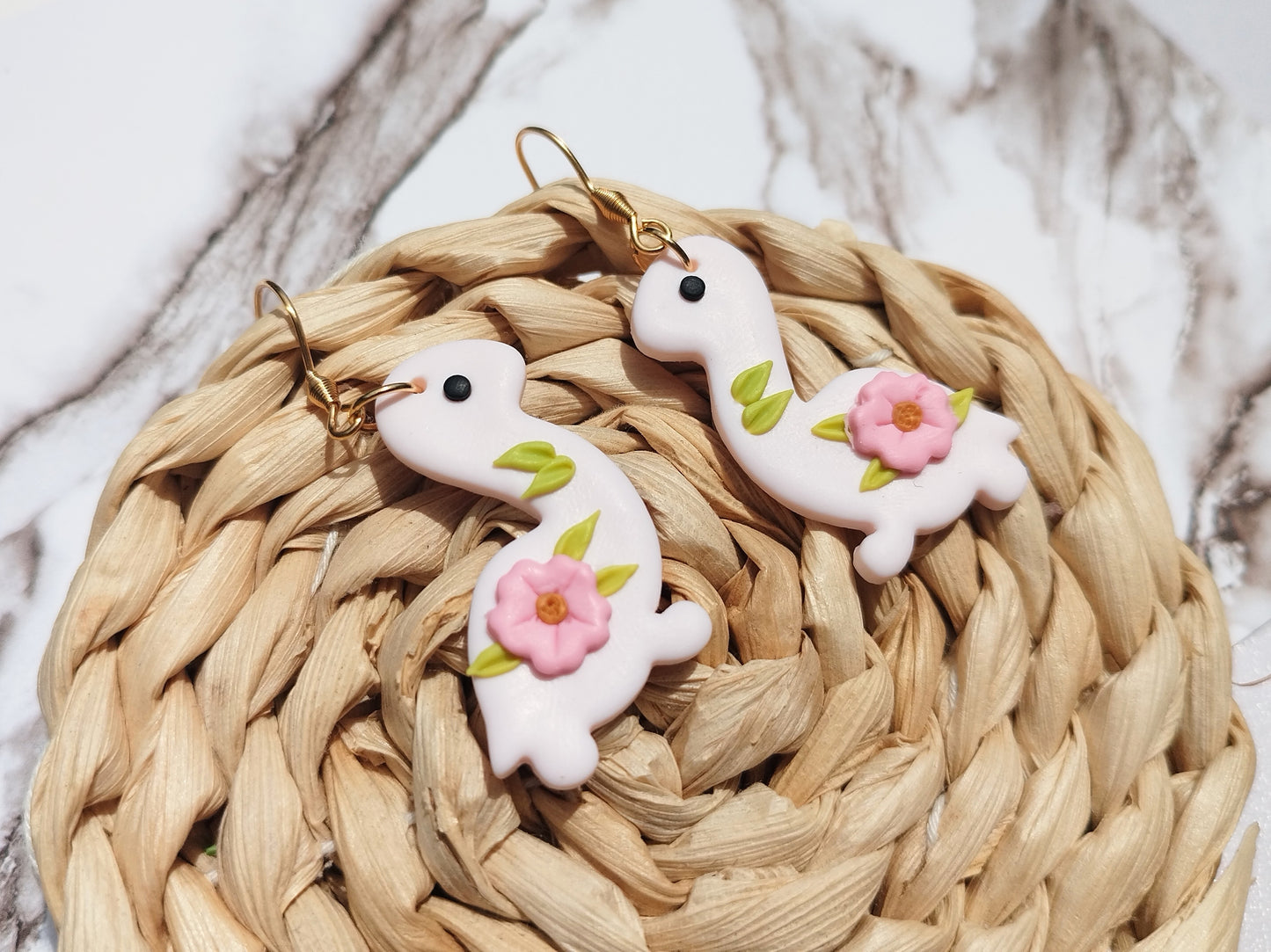 Sakura Dinosaur  polymer clay earrings,  japanese kawaii earrings, fun funky weird handmade trex, cute anime, novelty quirky unique earrings