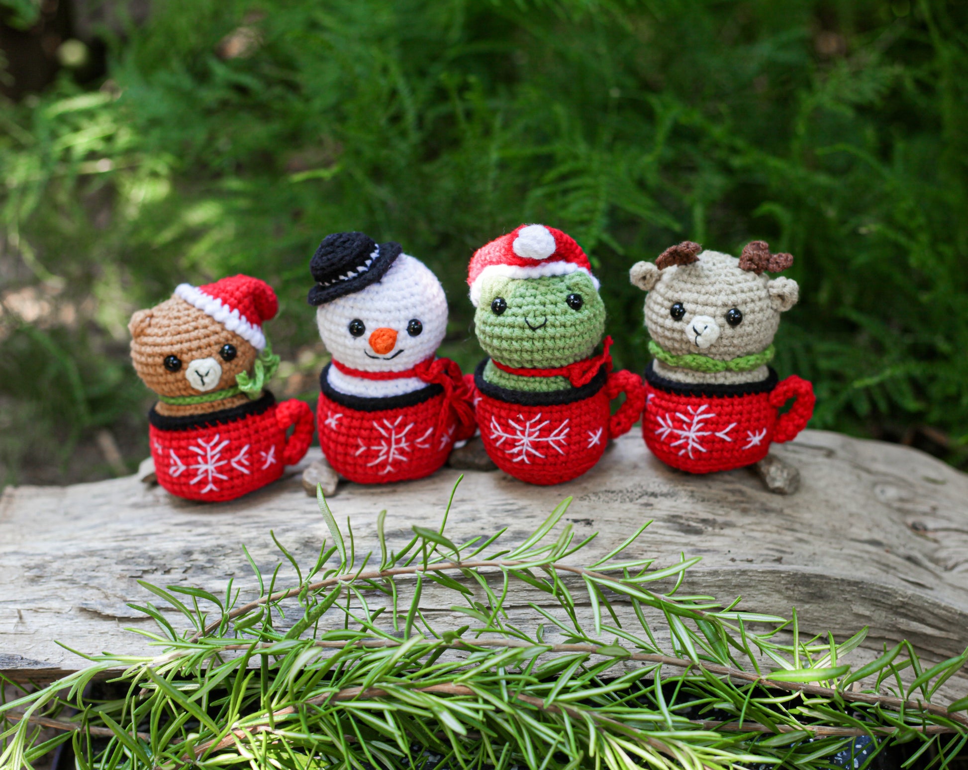 Christmas-themed set of 4 crochet mini doll amigurumis, artistically displayed, highlighting their multifunctional use as desk accessories, car companions, customizable keychains, and charming holiday ornaments.
