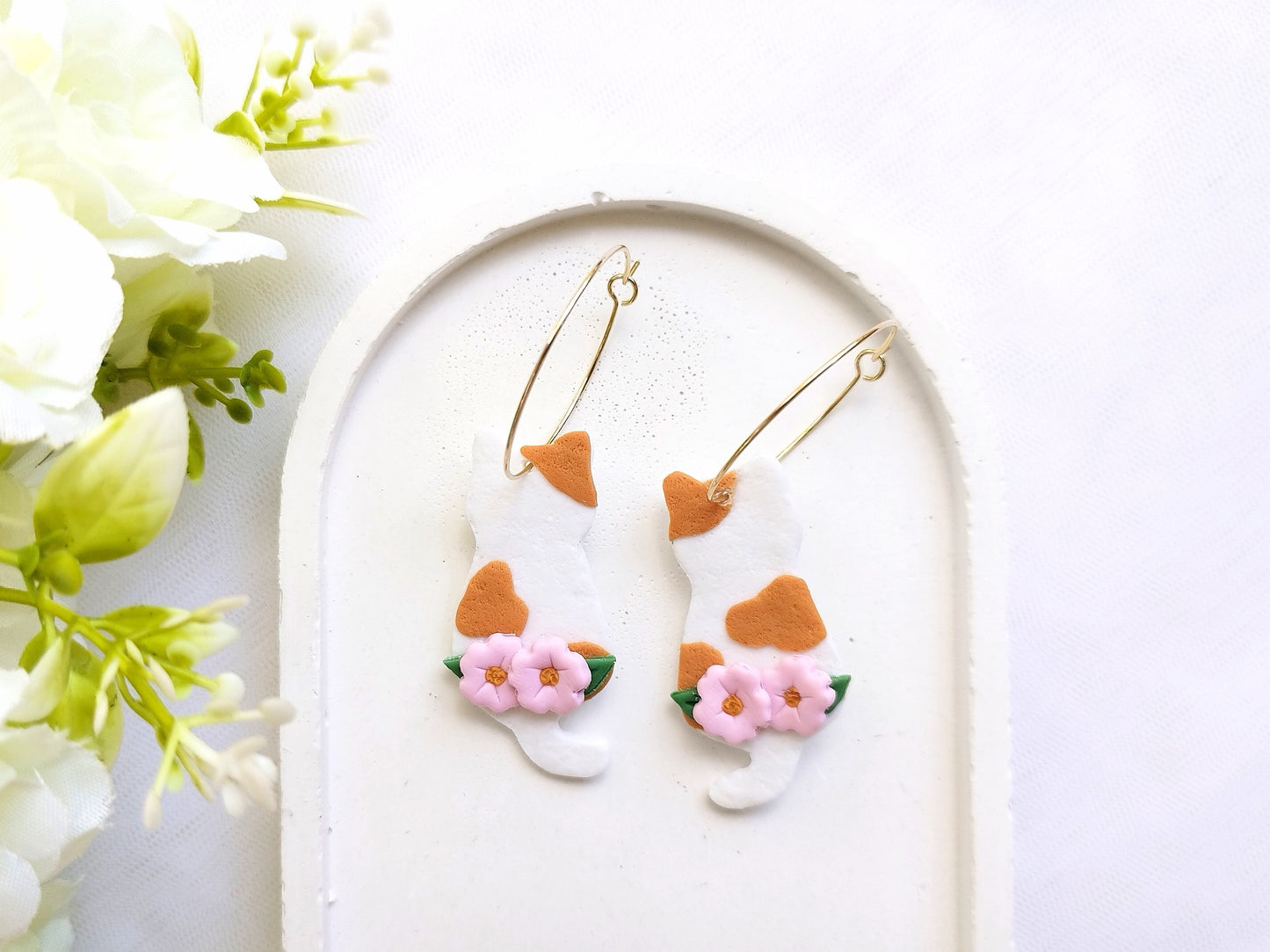 Sakura Cat Dainty polymer clay earrings,  japanese kawaii earrings, fun funky weird handmade cottagecore, cute anime, novelty quirky unique earrings