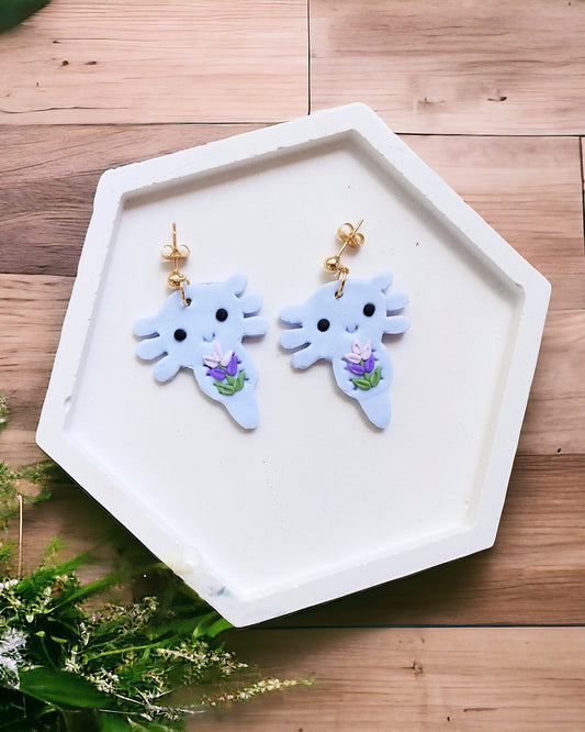Axolotl polymer clay earrings Handmade Dainty polymer clay dangle earrings, cute minimalist girls earrings, birthday gift for best friend, niece or daughter animal lovers