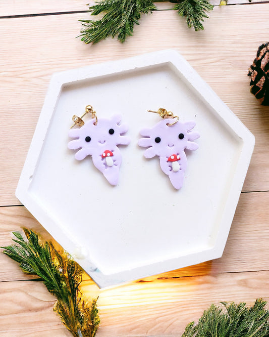 Axolotl polymer clay earrings Handmade Dainty polymer clay dangle earrings, cute minimalist girls earrings, birthday gift for best friend, niece or daughter animal lovers