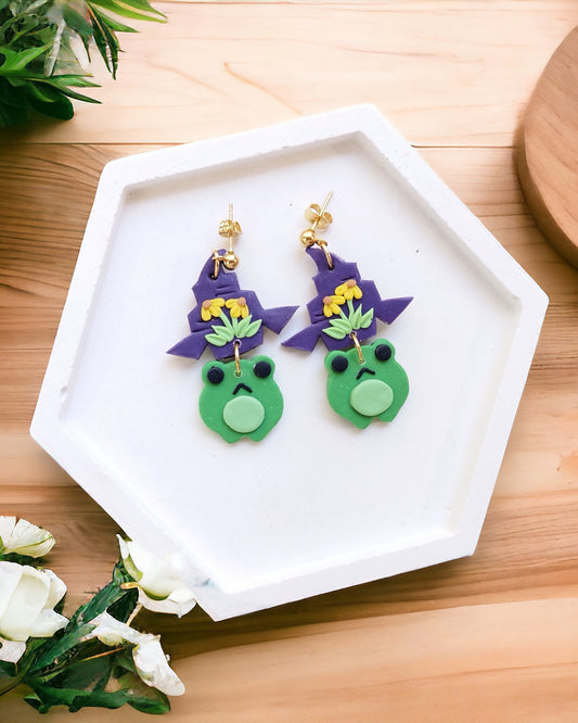 Witch frog polymer clay earrings, funky weird earrings, quirky earrings, cool funny earrings, gift for her, birthday gift,  Christmas stocking stuffer