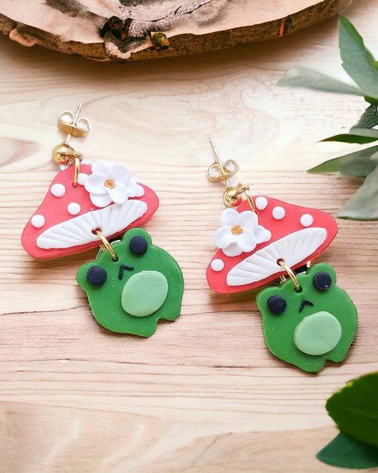 Frog mushroom polymer clay earrings , fun funky kawaii dainty todd earrings, cute cottagecore, novelty quirky earrings, unique animal lover gift