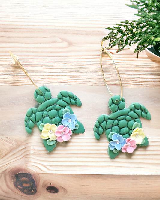 Turtle polymer clay earrings, japanese kawaii earrings, fun funky weird handmade cottagecore, cute anime, novelty quirky unique earrings