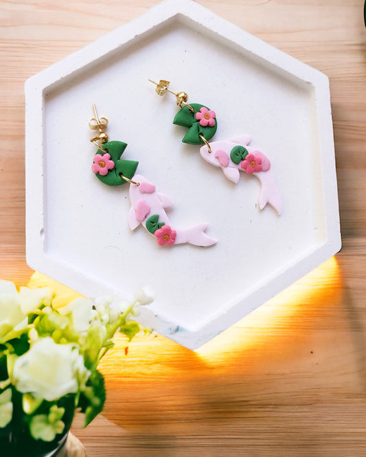 Koi fish polymer clay earrings, japanese kawaii sakura earrings, fun funky weird handmade earrings, cute anime, novelty quirky unique earrings