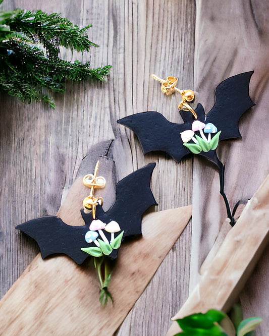 Bat mushroom polymer clay earrings, halloween spooky witch wican Handmade Dainty  dangle cute minimalist earrings, birthday gift for best friend