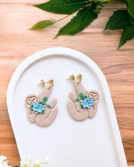 Sloth polymer clay earrings, japanese kawaii earrings, fun funky weird handmade cottagecore, cute anime, novelty quirky unique earrings