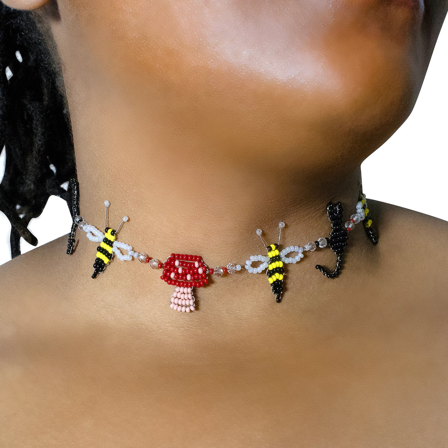 Bees mushrooms necklace