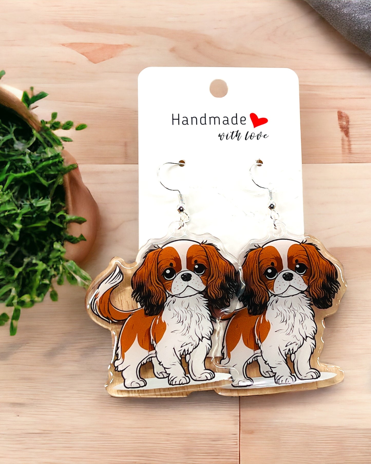King Charles Cavalier Dog Acrylic Earrings Dog mom Acrylic fun kawaii earrings, pet memorial charm, cute puppy, loss sympathy, quirky grief gift for her