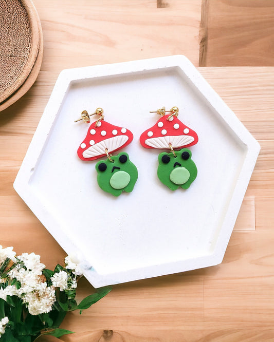 Mushroom frog polymer clay earrings, japanese kawaii earrings, fun funky weird handmade cottagecore, cute anime, novelty quirky unique earrings