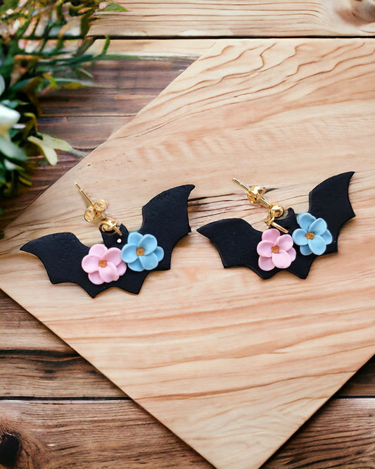 Bat mushroom polymer clay earrings, halloween spooky witch wican Handmade Dainty  dangle cute minimalist earrings, birthday gift for best friend