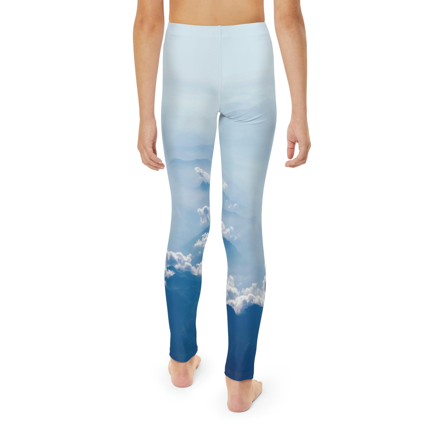 Cloudy Sky Youth Full-Length Leggings, Cloud Yoga Leggings, Clouds Print Leggings, High Waisted, Crossover Leggings,Soft Blue Stretch Pants with Clouds, Chic Boho Activewear ,Dance Fitness and Athleisure