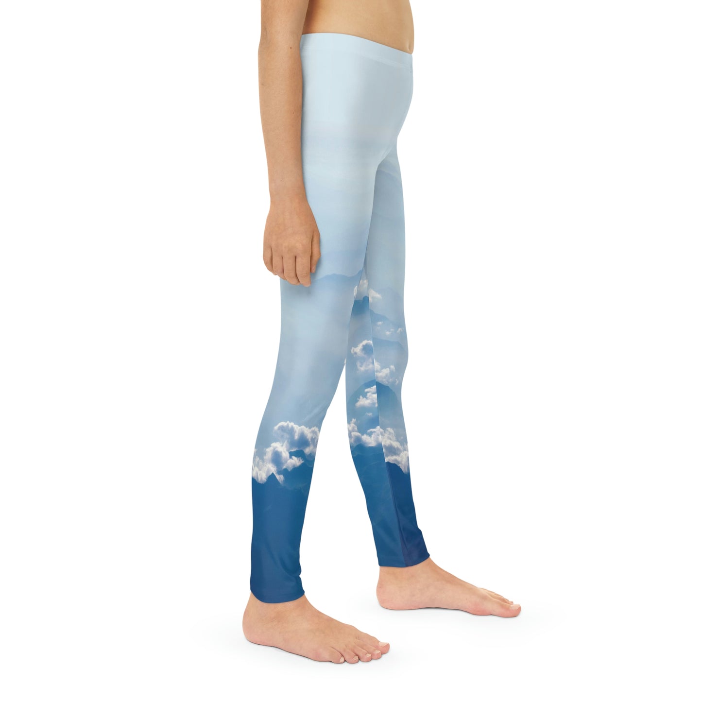 Cloudy Sky Youth Full-Length Leggings, Cloud Yoga Leggings, Clouds Print Leggings, High Waisted, Crossover Leggings,Soft Blue Stretch Pants with Clouds, Chic Boho Activewear ,Dance Fitness and Athleisure