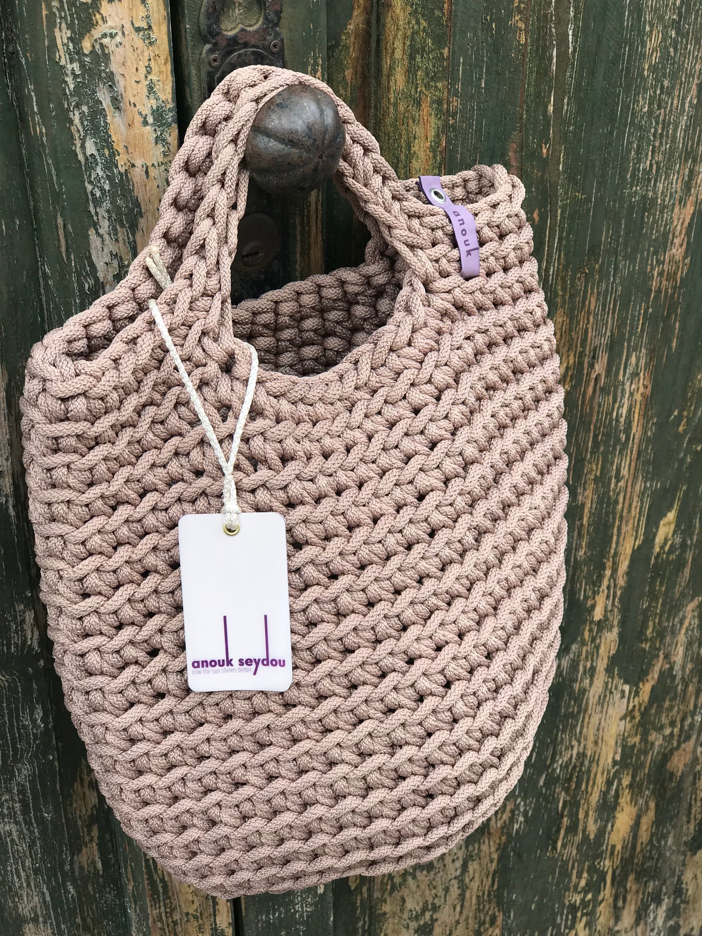Scandinavian Style Handmade Crochet Tote Bag with Short Hands Taupe