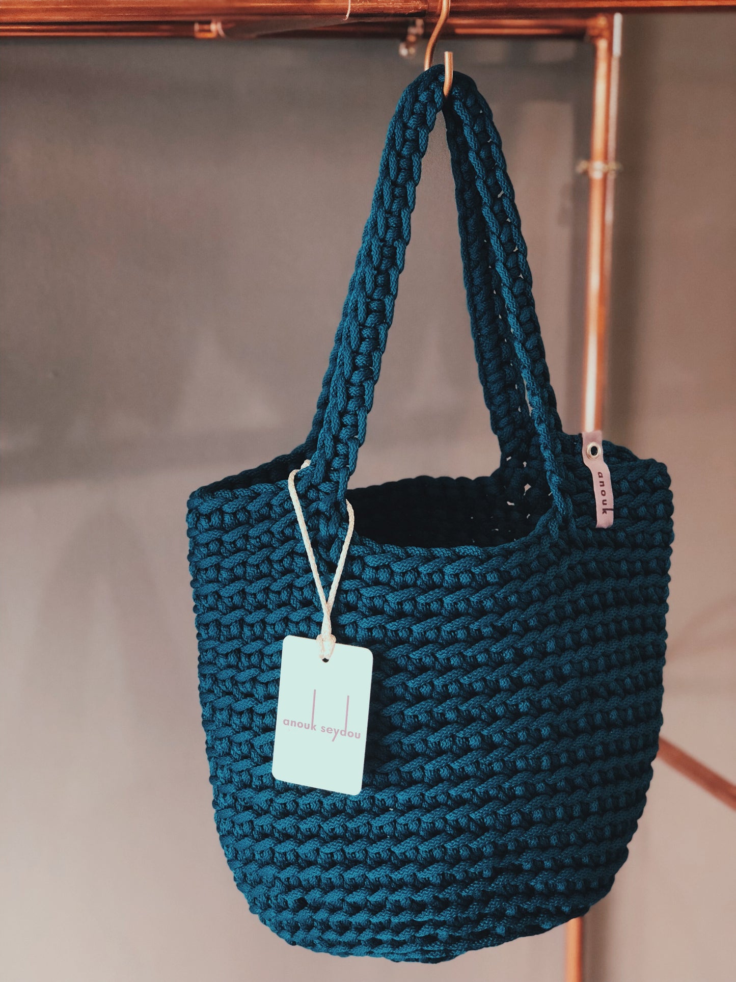 Scandinavian Style Crochet Tote Bag Dark Teal color