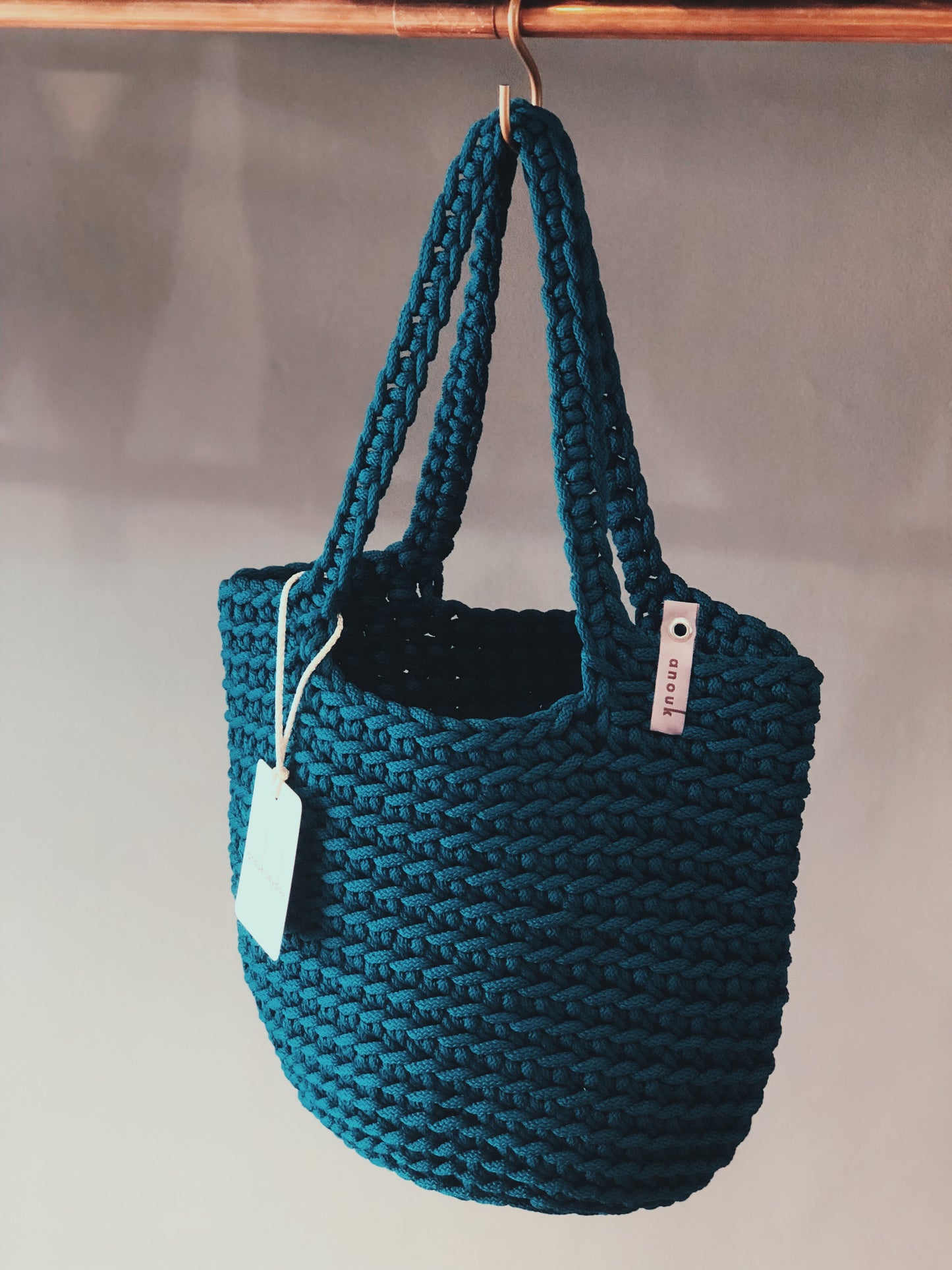 Scandinavian Style Crochet Tote Bag Dark Teal color