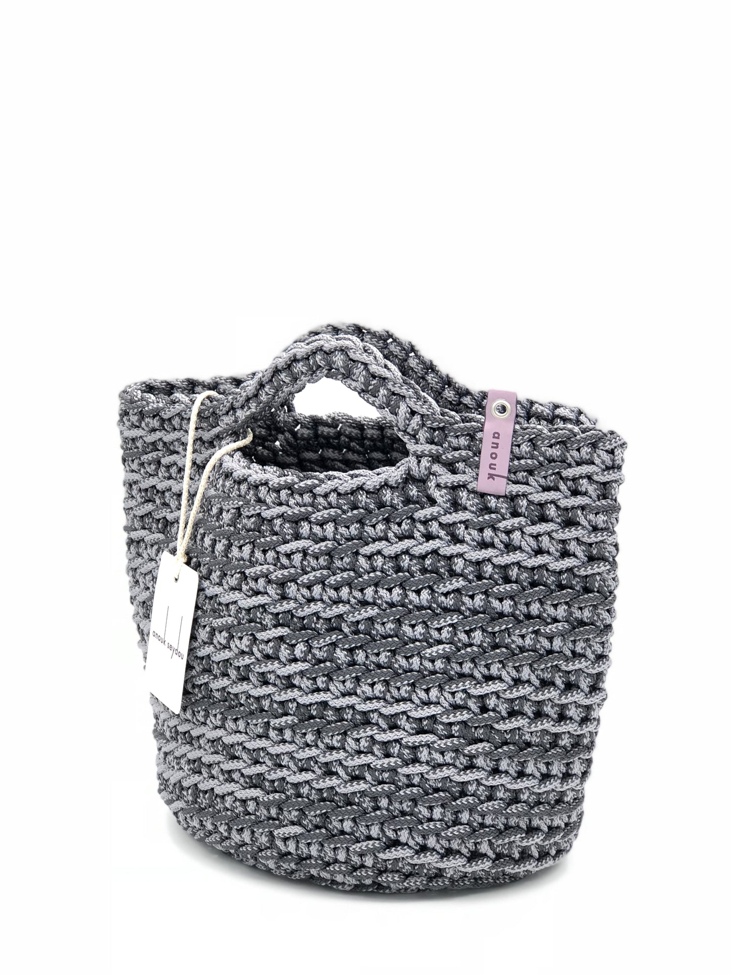 Scandinavian Style Handmade Crochet Tote Bags Short Handles Gray Mix