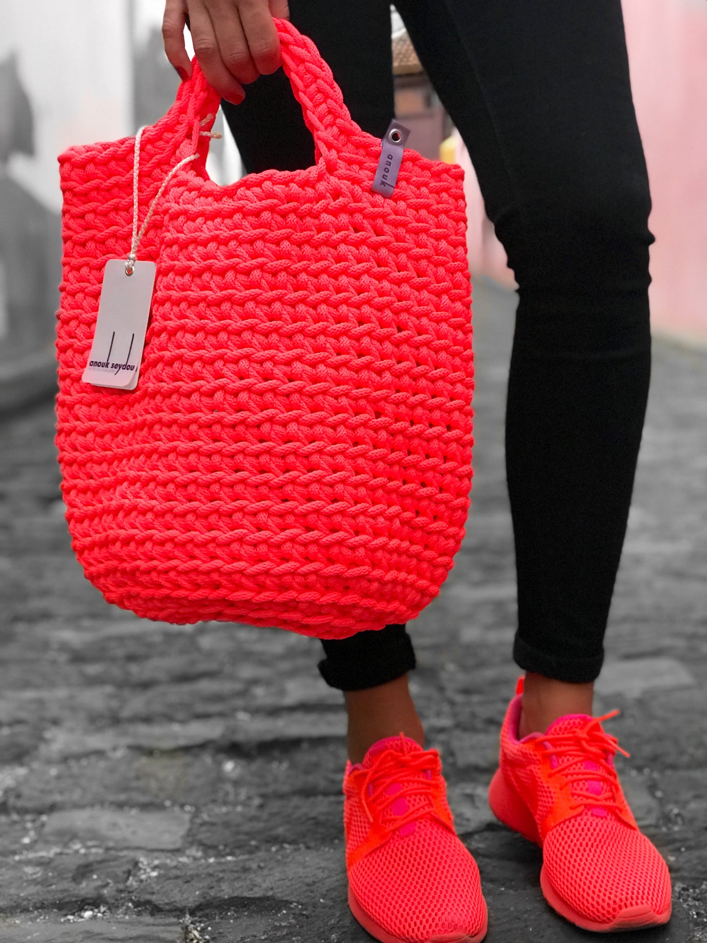 Scandinavian Style Handmade Crochet Bag Neon Orange Short Handles