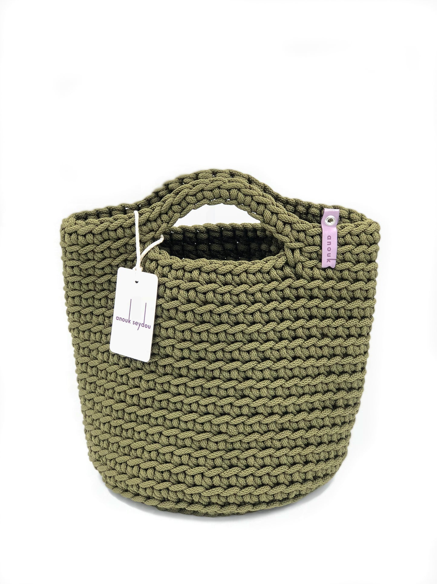 Scandinavian Style Handmade Crochet Tote Bag Short Handles-Khaki