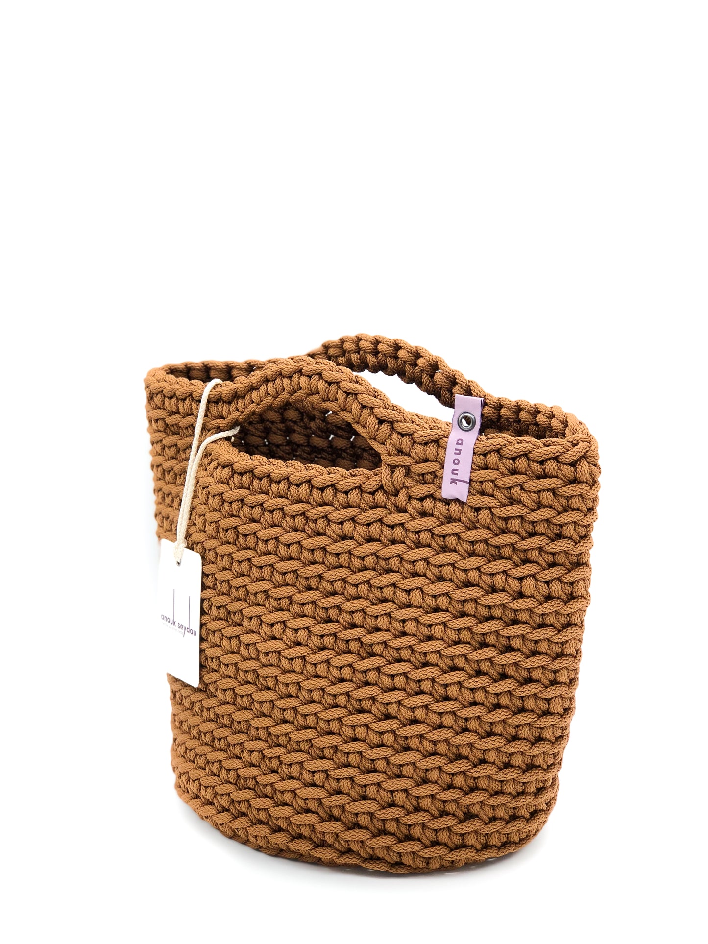 Scandinavian Style Handmade Crochet Bag Short Handles Milk Chocolate