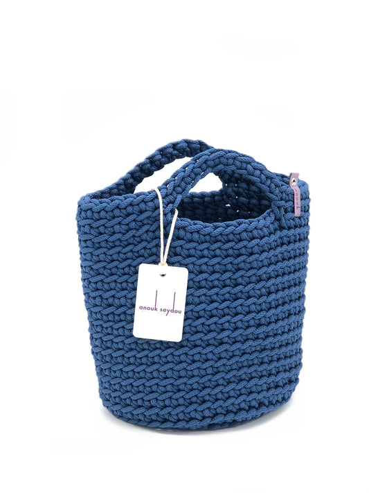 Scandivanian Style Handmade Crochet Tote Bag Navy Blue Short Handles