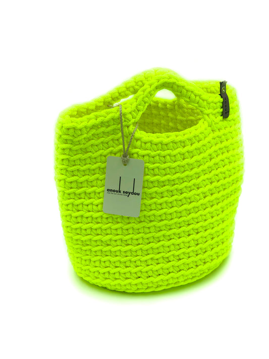 Scandinavian Style Handmade Crochet Tote Bag Short Handles Neon Yellow