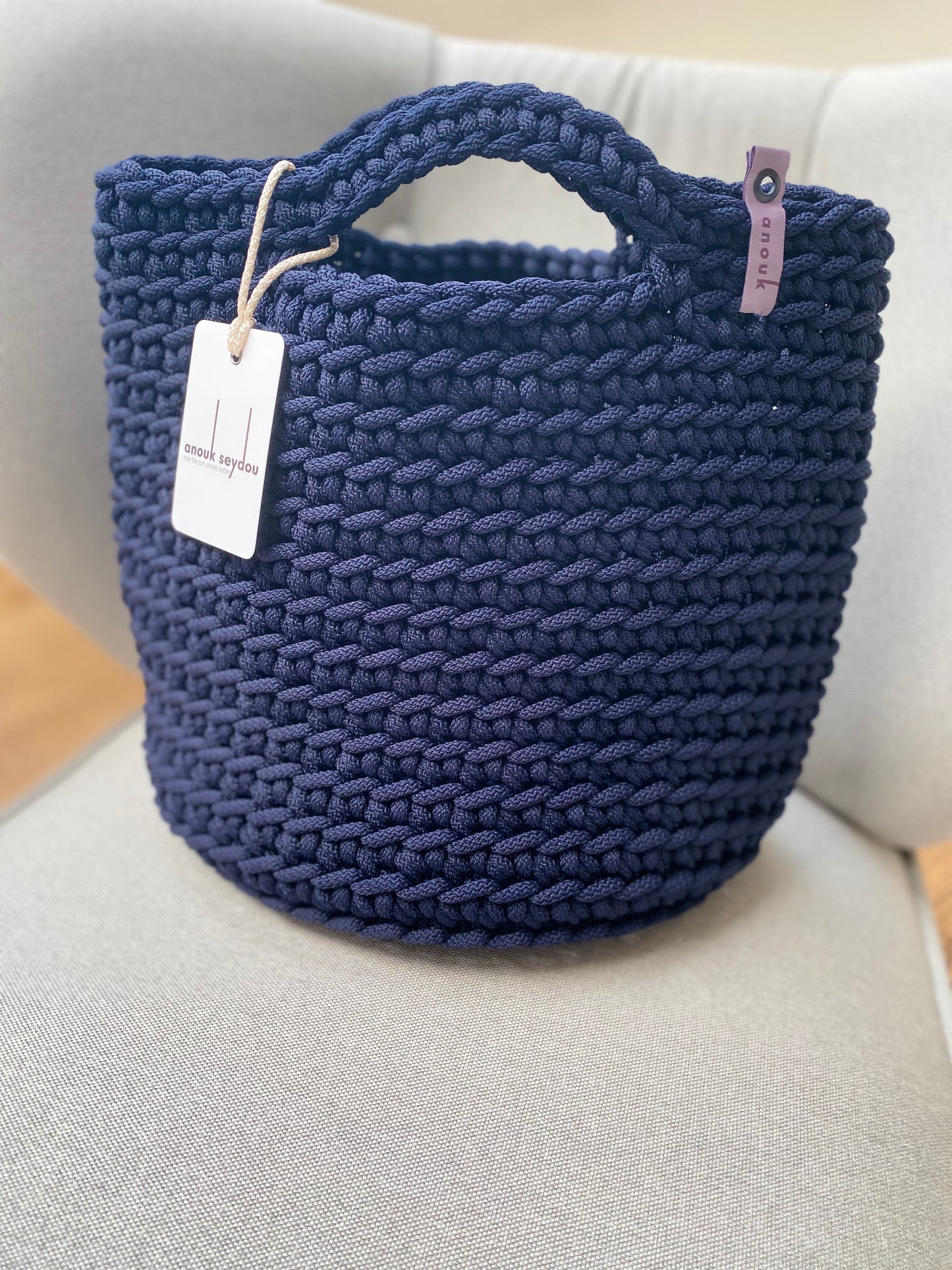 Scandanavian Style Handmade Crochet Tote Bag Oxford Blue Short Handles
