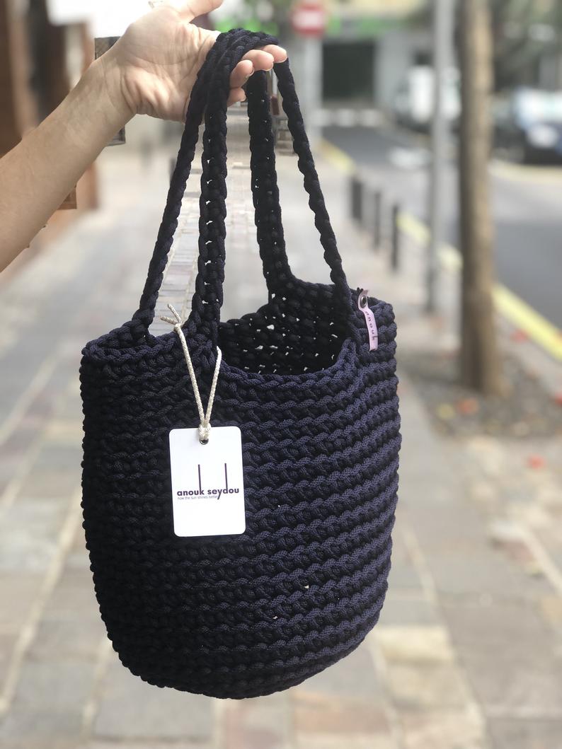 Scandinavian Style Handmade Crochet Tote Bag Long Handles Oxford Blue