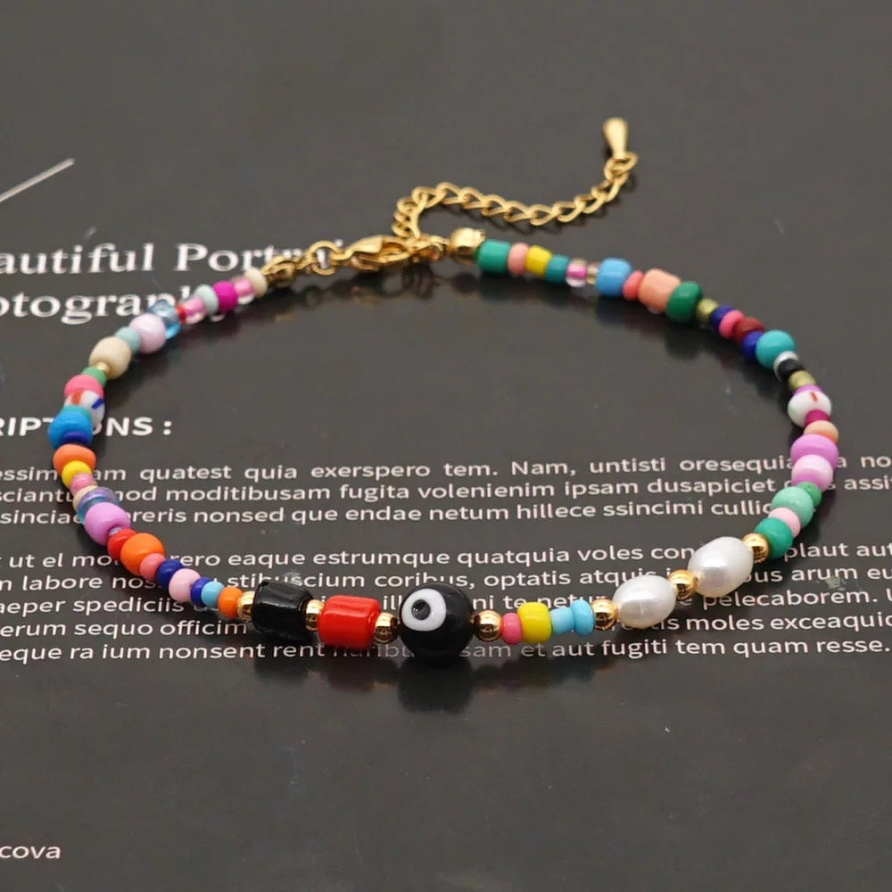 Multicolor Beads Evil Eye Anklet