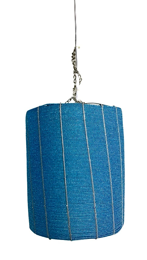 Handmade Kenyan artisan beaded light pendant, featuring intricate seed beadwork, with dimensions of 9 inches in diameter and 10.5 inches in height, exemplifying traditional craftsmanship and cultural art