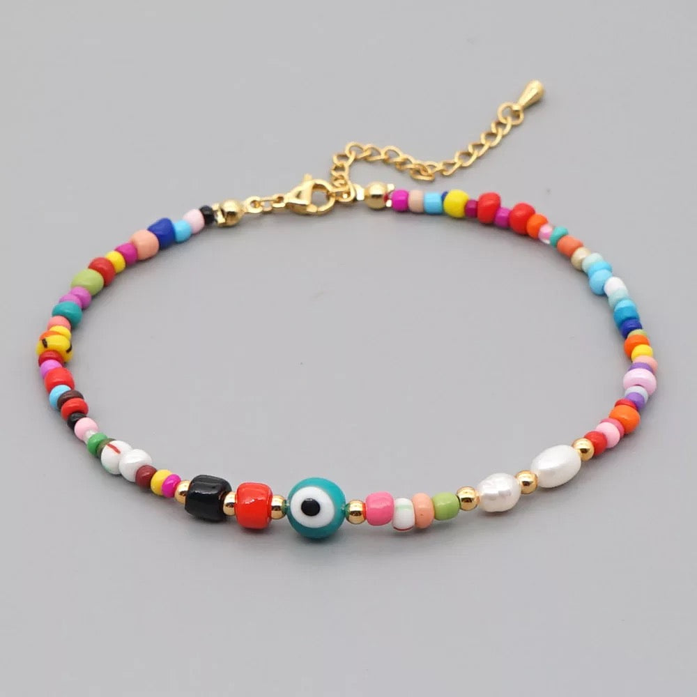 Multicolor Beads Evil Eye Anklet