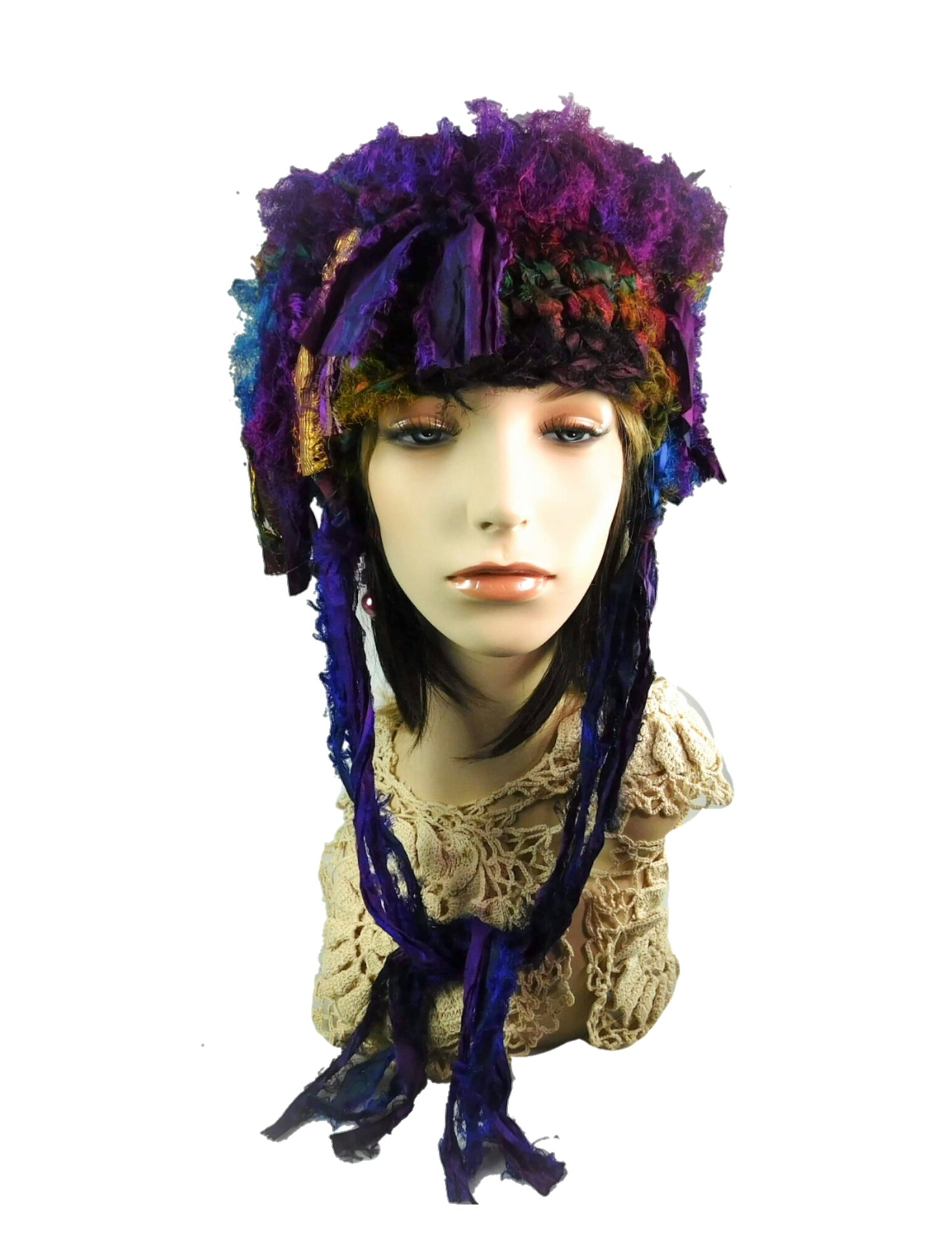 Vimbai Madya Handmade Felted Wool Crocheted Recycled Sari Ribbon Hat