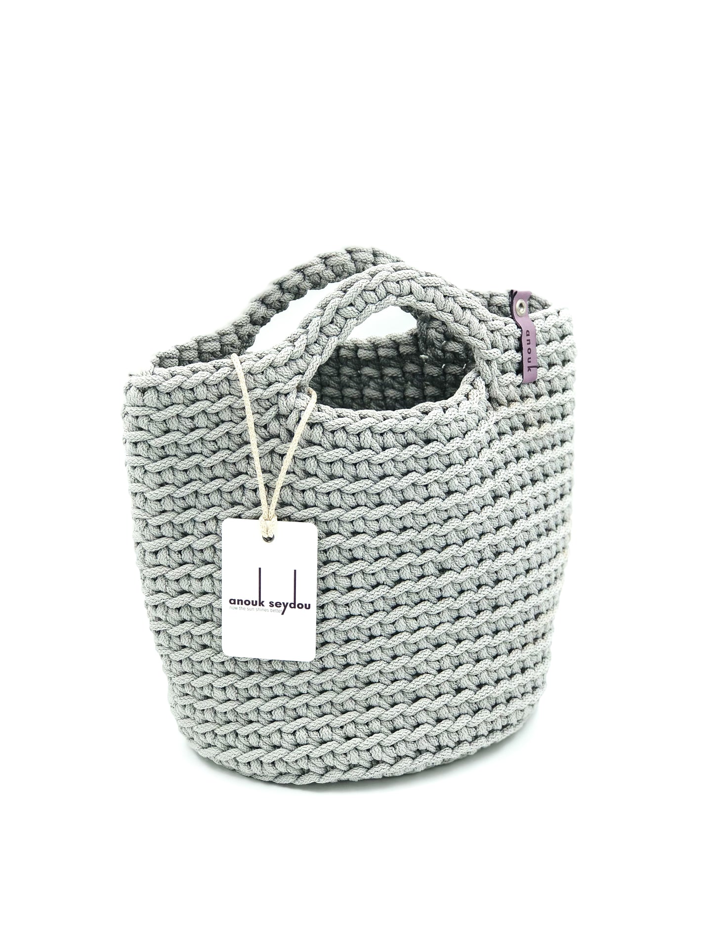 Scandinavian Style Handmade Crochet Tote Bag Short Handles Silver Hair
