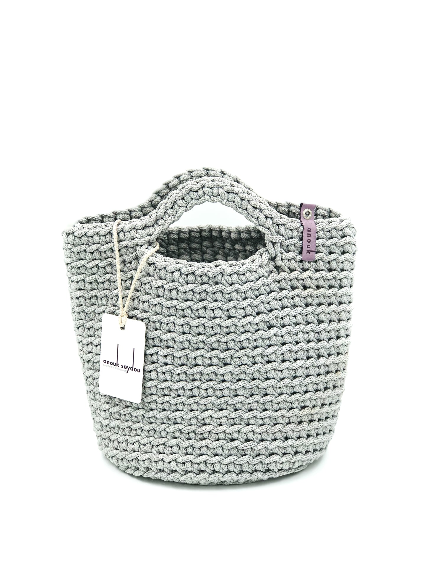 Scandinavian Style Handmade Crochet Tote Bag Short Handles Silver Hair