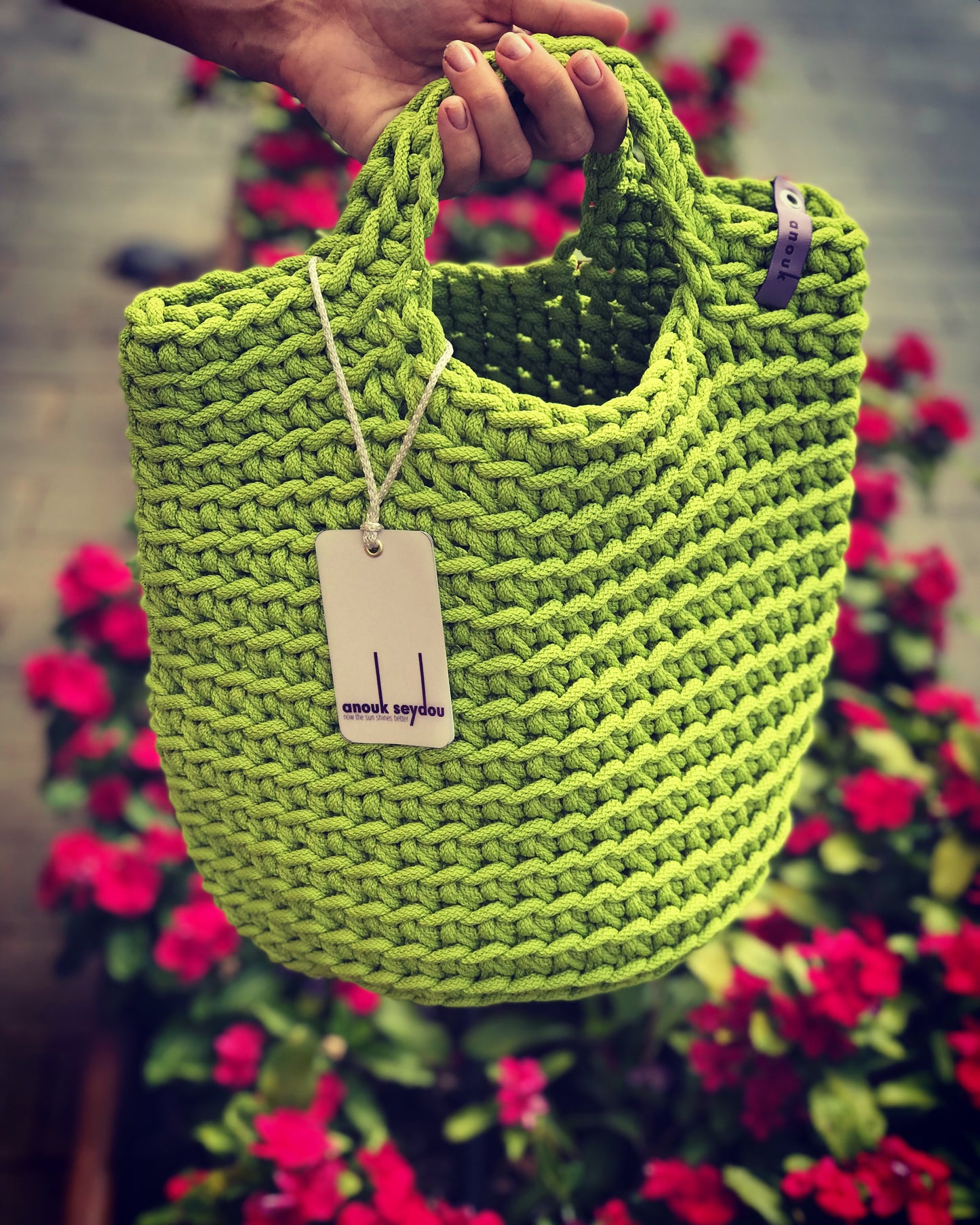 Scandinavian Style Handmade Crochet Tote Bag with Small Handles Spring Green