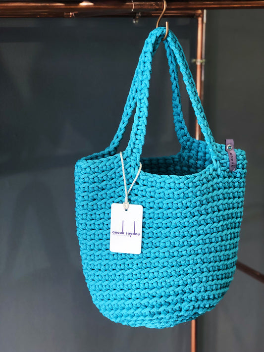 Scandinavian Style Handmade Crochet Tote Bag Teal with Long Handles