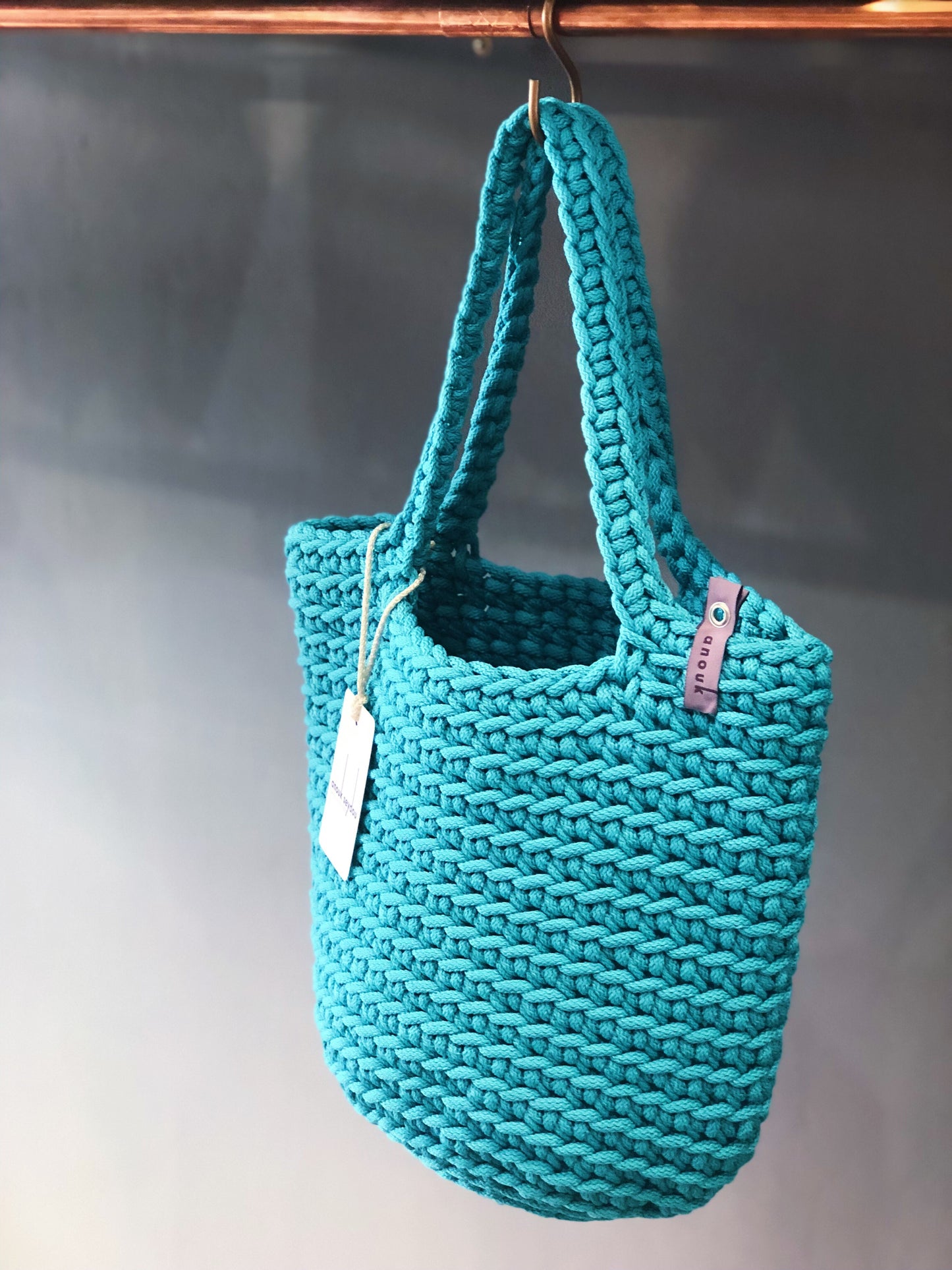 Scandinavian Style Handmade Crochet Tote Bag  with Long Handles Teal