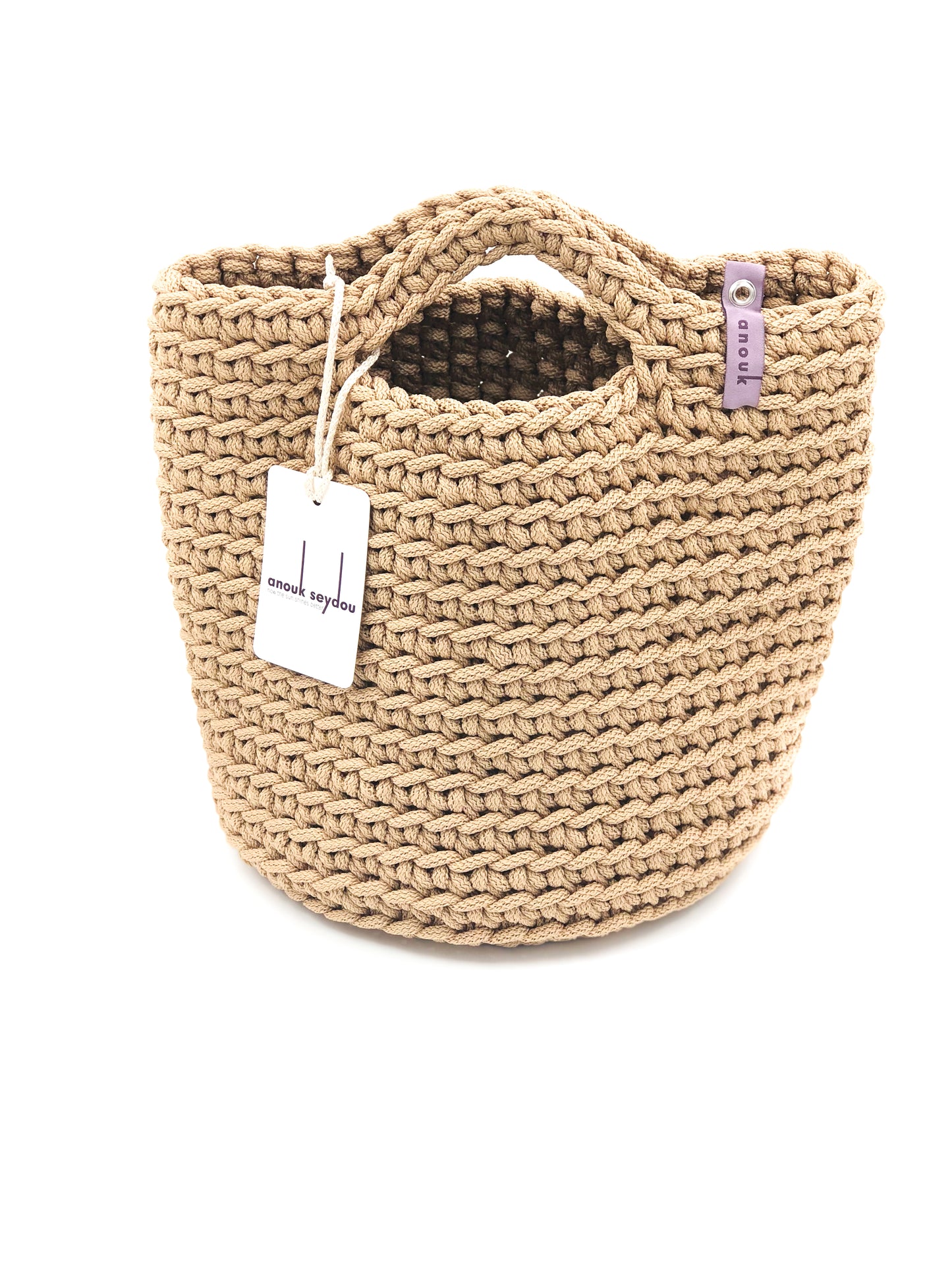 Scandinavian Style Handmade Crochet Tote Bag  with Short Handles White Coffee