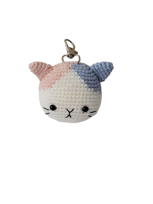 Key Ring: Grey and Pink Cat Key chain key charm, yarn cotton cat crochet, amigurumi cute little cat